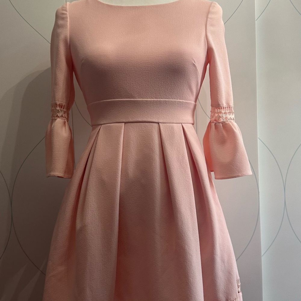 Eliza J Pink Bell Sleeve Fit and Flare Laser Cut Dress With Pockets